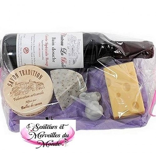 Corbeille gel douche - Bouteille de Vin & 3 Fromages + Souris. ❤️ Des idées cadeaux.