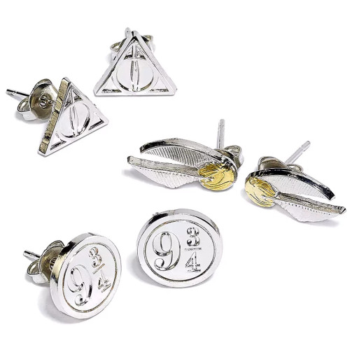 Harry Potter, 3 Charmes - boucles d’oreilles Reliques de la mort/Vif d’or/Quai